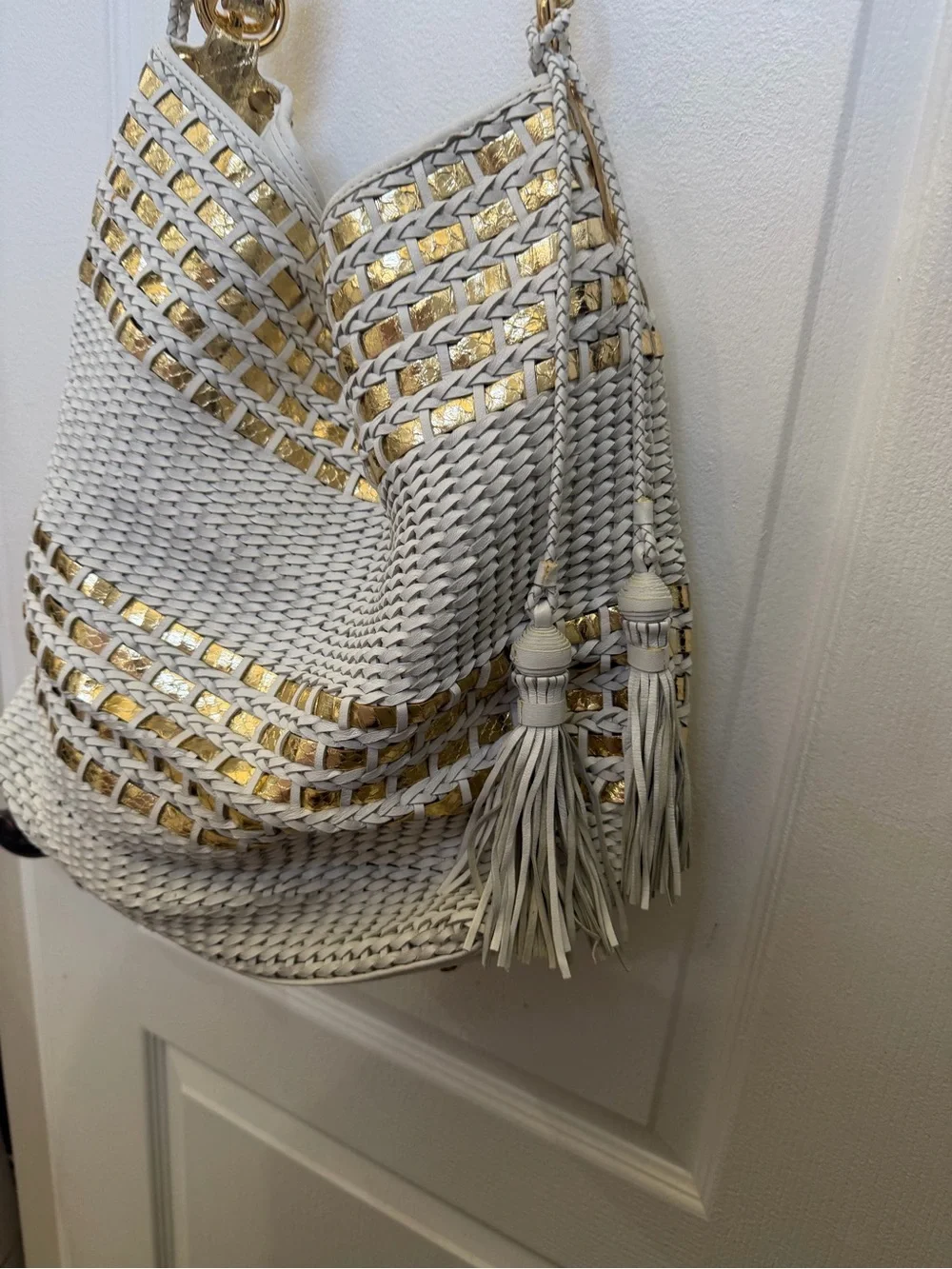 Beverly Feldman white and gold woven large hobo bag Gorgeous